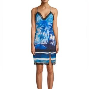 Le Superbe NWT Blue Helenas Palm Tropical Print Slip Dress Size 2